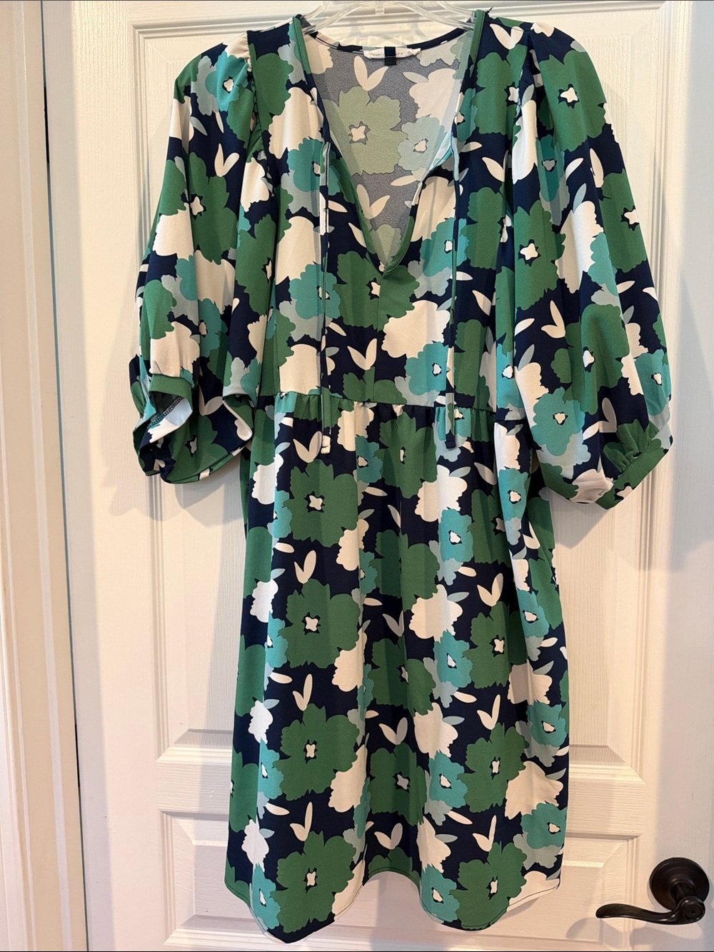 Floral V-Neck Mini Dress in Green & Navy